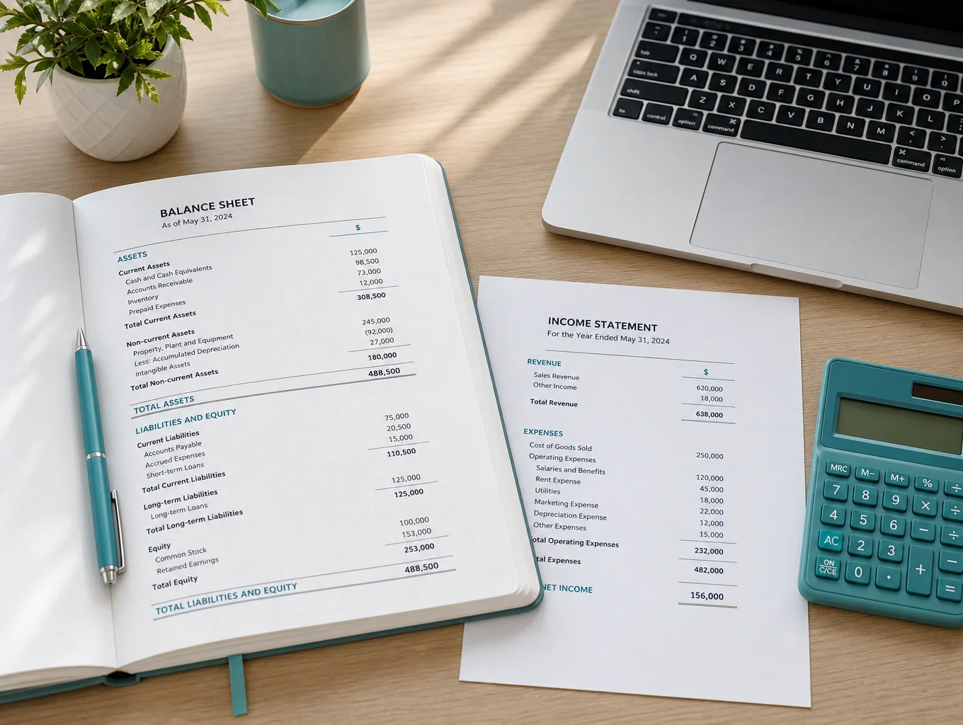 Audit worksheets, strategic documents, and handwritten notes on an executive wooden desk