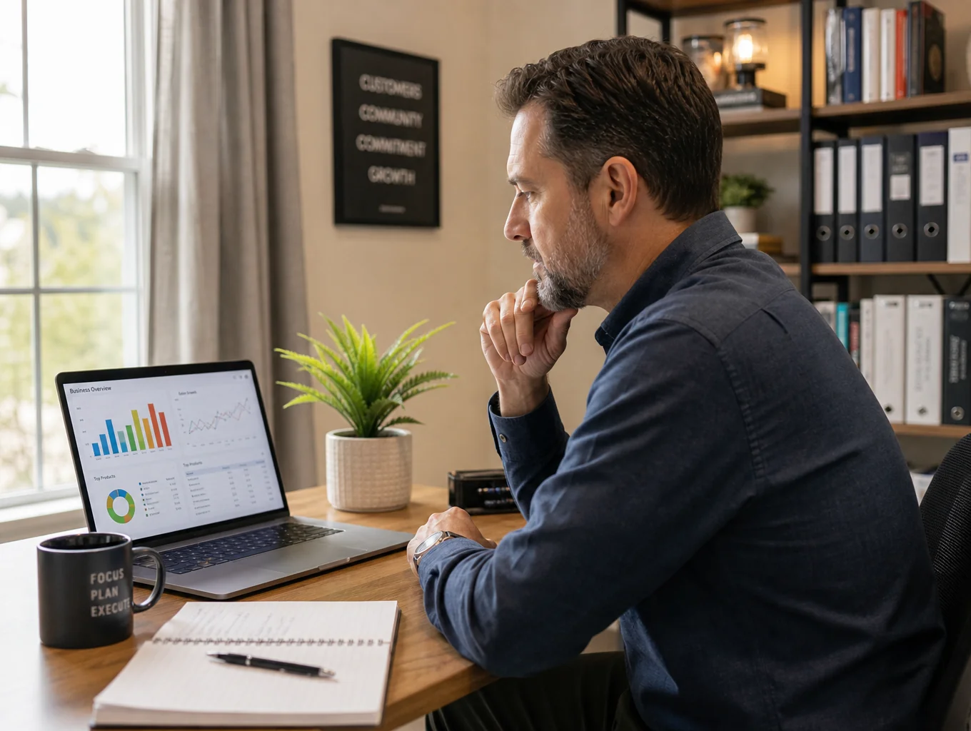 Business founder thoughtfully reviewing strategic audit priorities at a quiet desk workspace