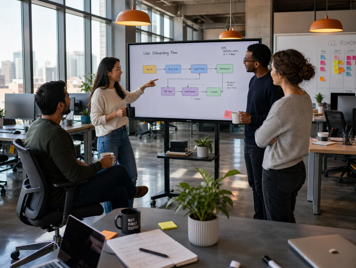 Focused small team reviewing streamlined project deliverables in an airy workspace